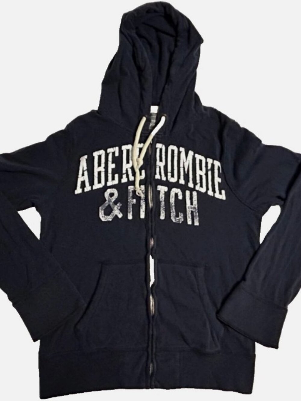 Abercrombie Men's Navy Blue Distressed Spellout Zip Up Hoodie Vintage Y2K Small